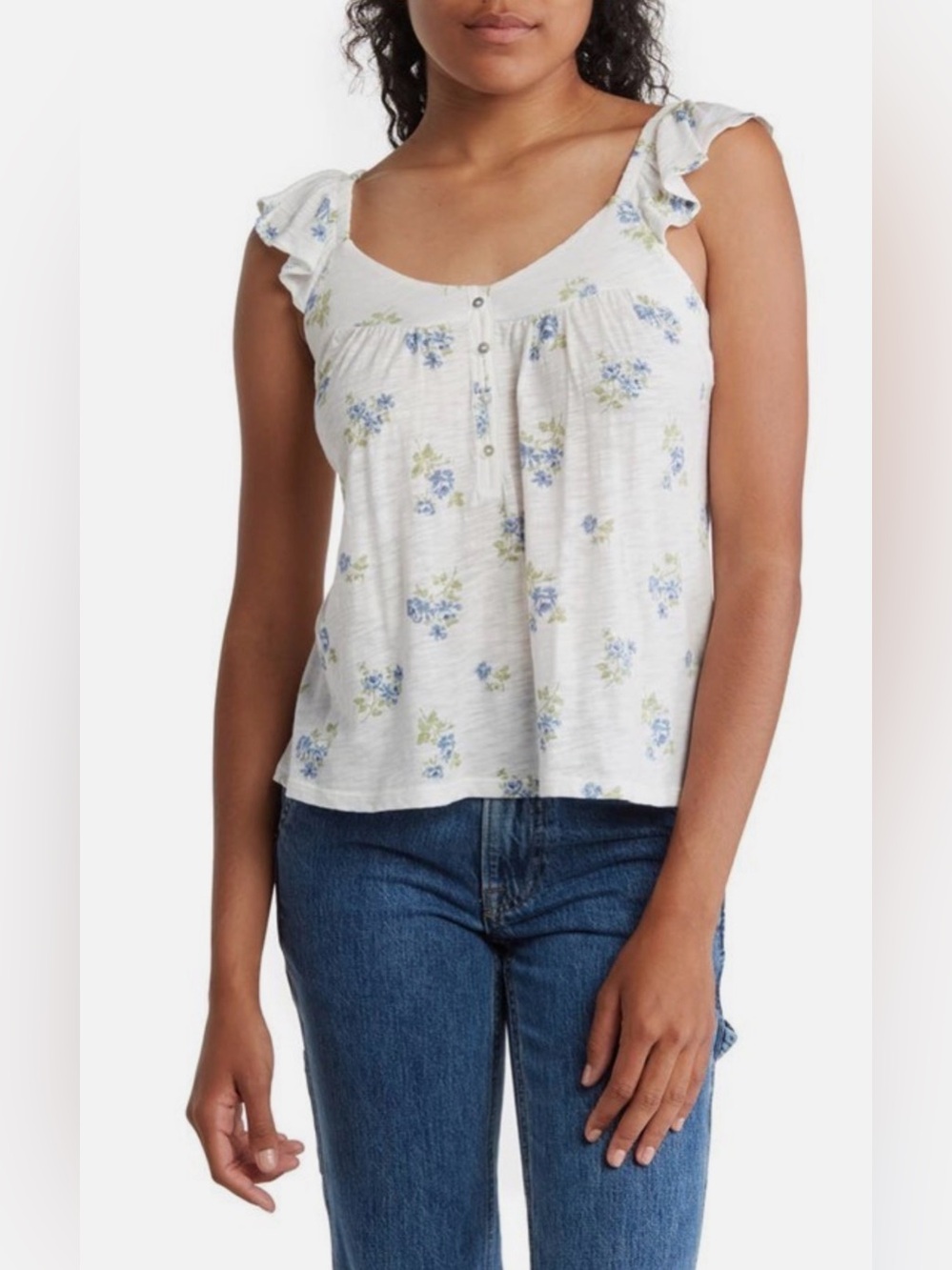 Lucky Brand Floral Henley Flutter Sleeve Tank Top Blue & Green Size XL NEW